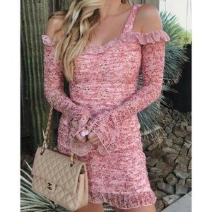 Finders Keepers Floral Print Ruched Off-the-Shoulder Bodycon Dress Pink Small